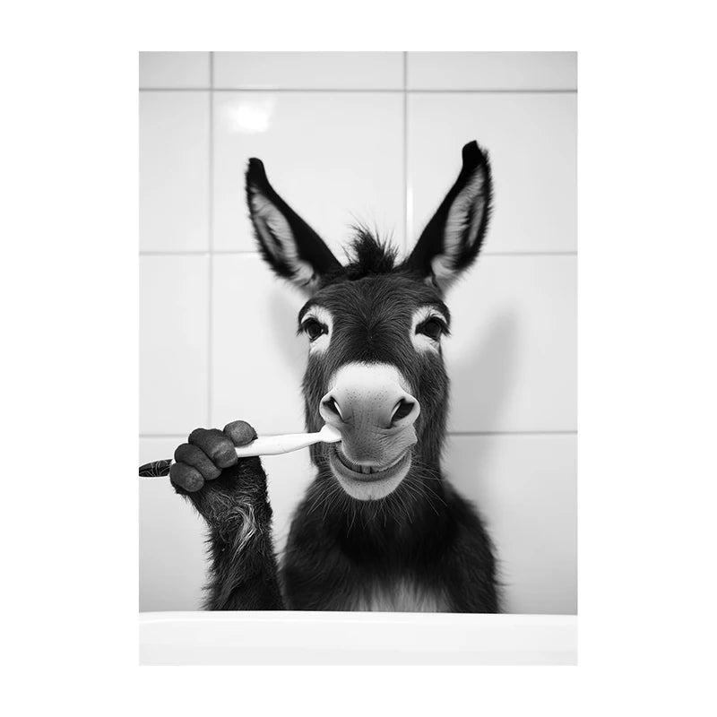 Black White Funny Bathroom Brushing Teeth Poster Vintage Style Animal Canvas Painting Print Wall Art Picture for Home Decoration