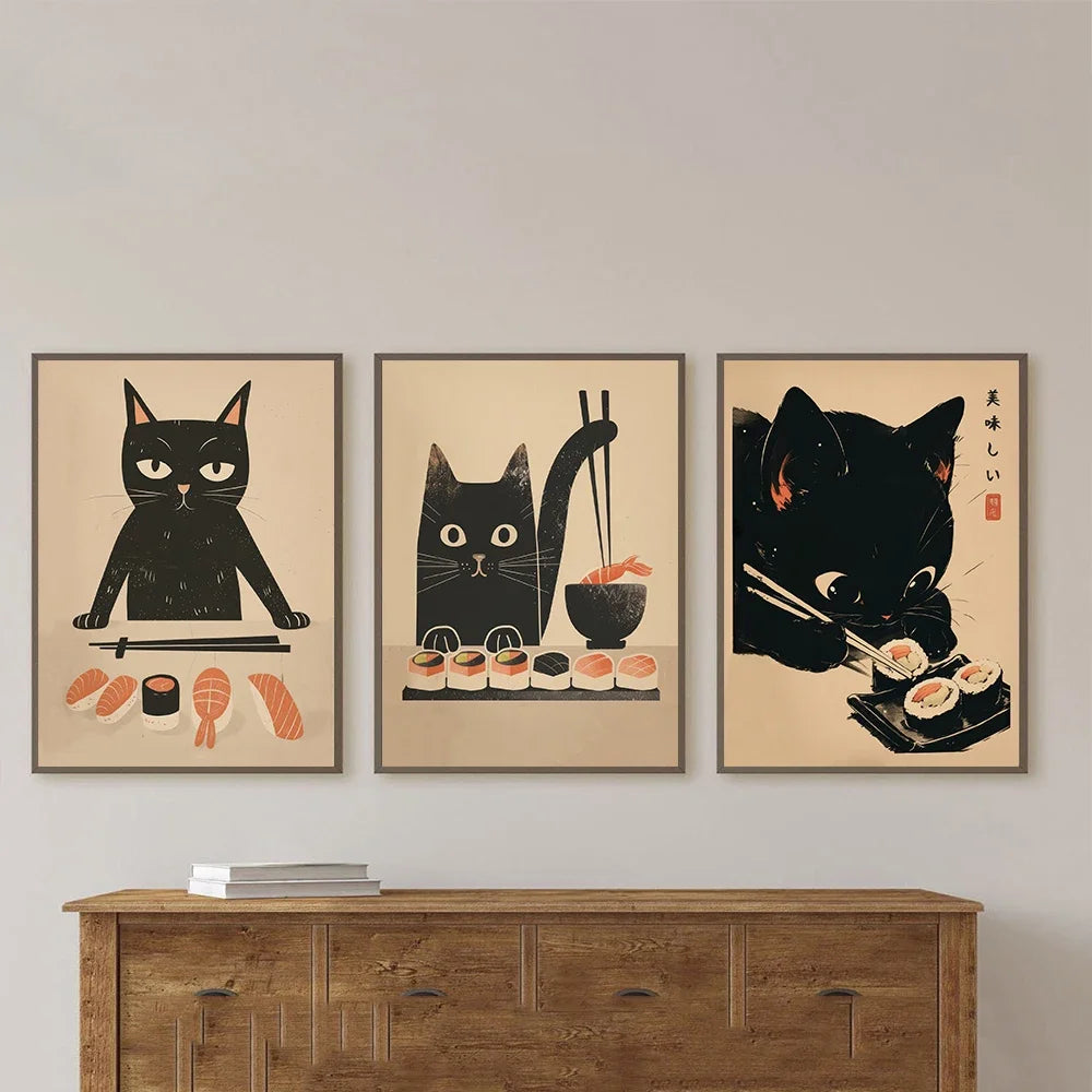 Cute Animal Japanese Sushi Chef Black Cat Vintage Wall Art, HD Canvas Print Poster, Home, Living Room, Room Decoration