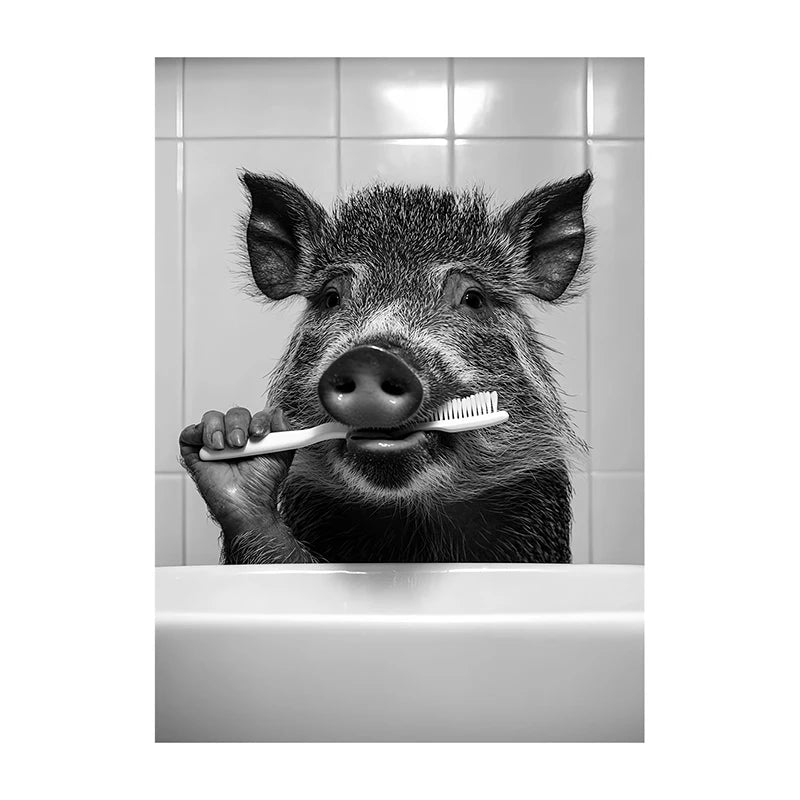 Black White Funny Bathroom Brushing Teeth Poster Vintage Style Animal Canvas Painting Print Wall Art Picture for Home Decoration