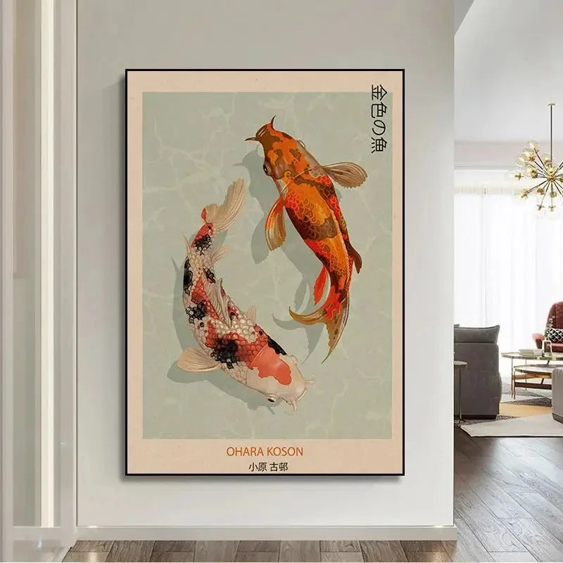 Goldfish Lotus Japanese Art Poster Hokusai Ohara Koson Japanese Wall Art Retro Canvas Painting Living Room Decoration No Frame