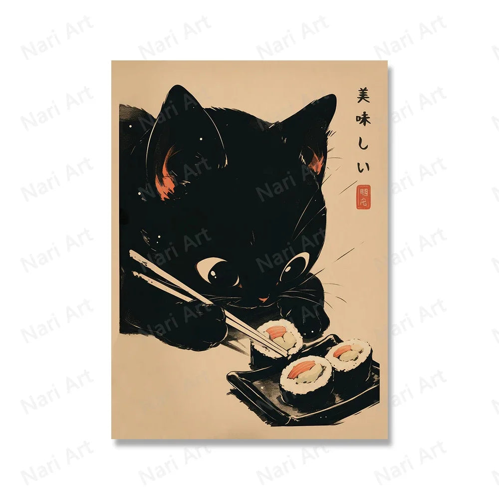 Cute Animal Japanese Sushi Chef Black Cat Vintage Wall Art, HD Canvas Print Poster, Home, Living Room, Room Decoration
