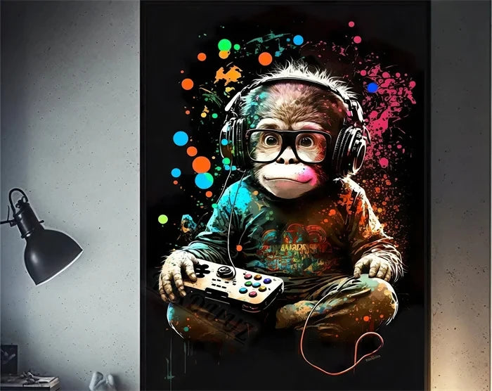 80s Retro Funny Monkey Player Gamepad Picture For Gaming Room Living Canvas Painting Print Wall Art Home Decor Aesthetics Poster