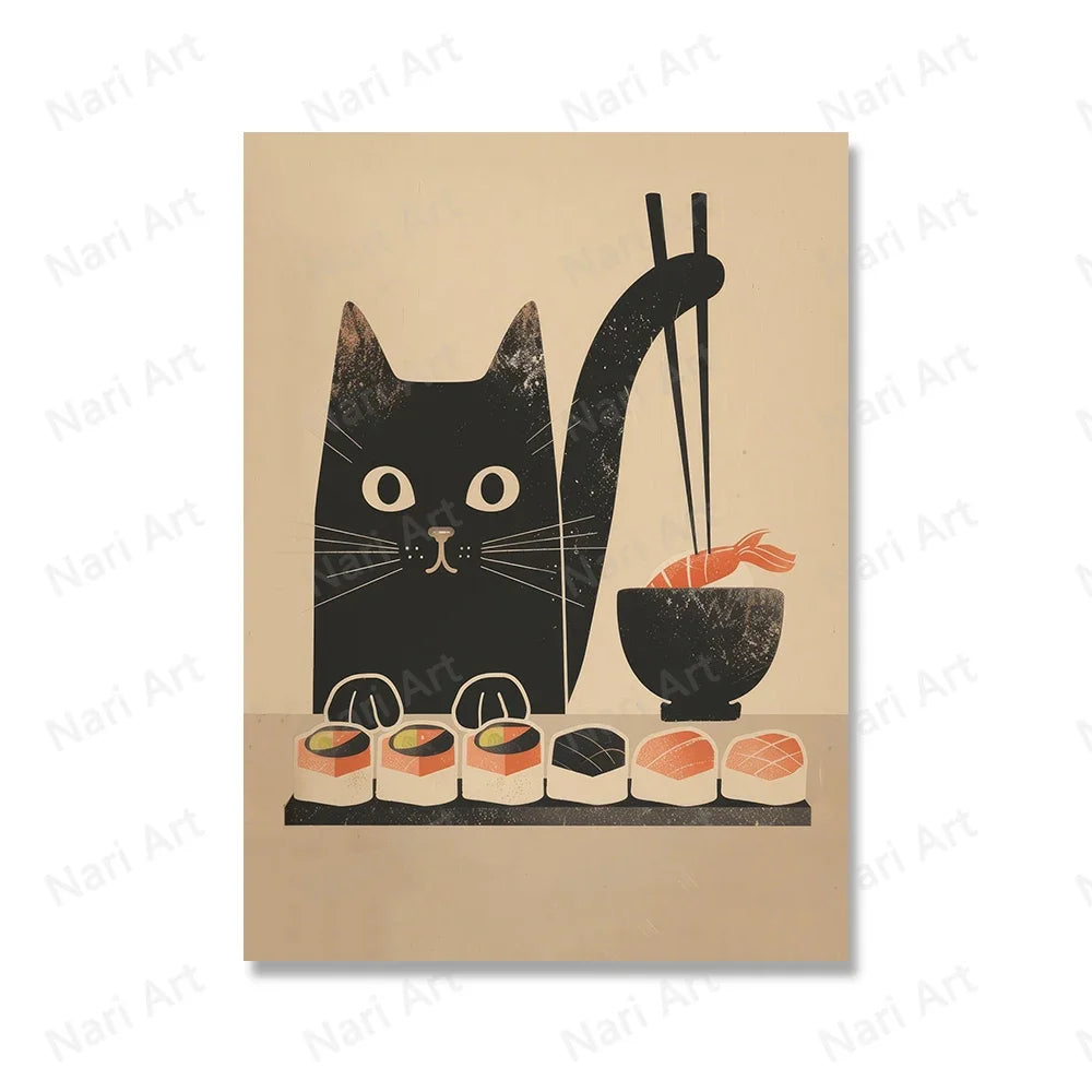 Cute Animal Japanese Sushi Chef Black Cat Vintage Wall Art, HD Canvas Print Poster, Home, Living Room, Room Decoration