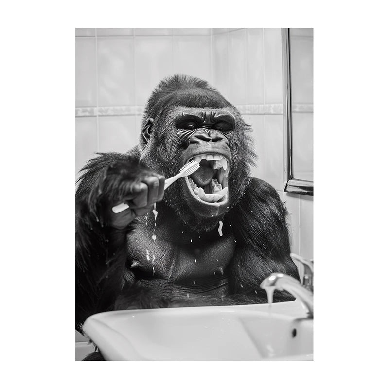 Black White Funny Bathroom Brushing Teeth Poster Vintage Style Animal Canvas Painting Print Wall Art Picture for Home Decoration