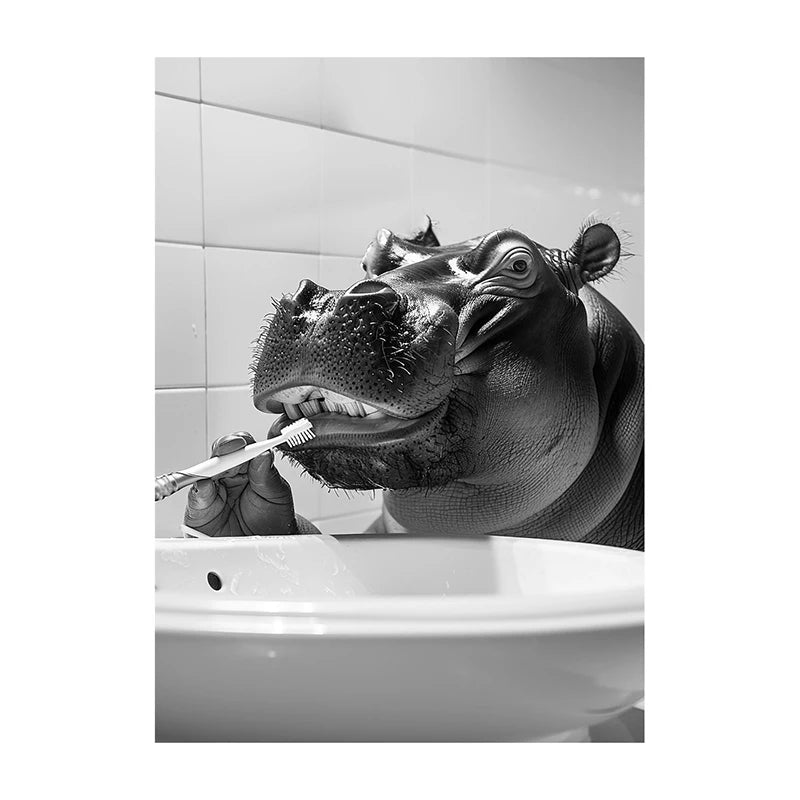 Black White Funny Bathroom Brushing Teeth Poster Vintage Style Animal Canvas Painting Print Wall Art Picture for Home Decoration