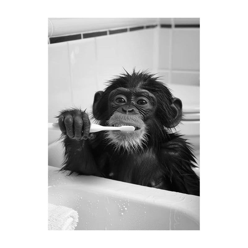 Black White Funny Bathroom Brushing Teeth Poster Vintage Style Animal Canvas Painting Print Wall Art Picture for Home Decoration