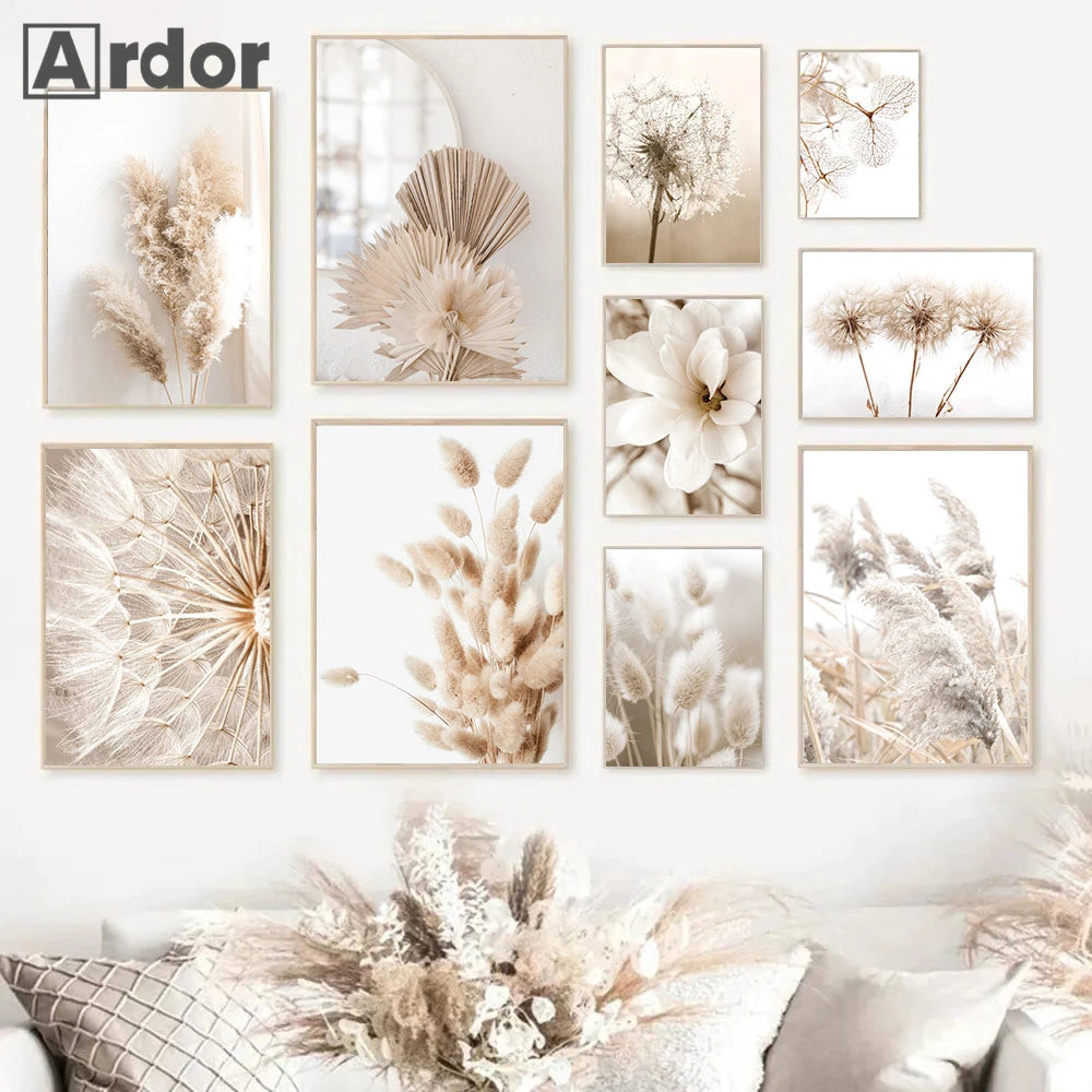 Nordic Beige Dandelion Painting Poster Reed Canvas Art Print Flower Posters Bunny Tail Grass Wall Art Picture Living Room Decor