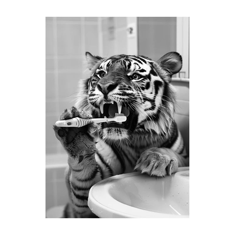 Black White Funny Bathroom Brushing Teeth Poster Vintage Style Animal Canvas Painting Print Wall Art Picture for Home Decoration