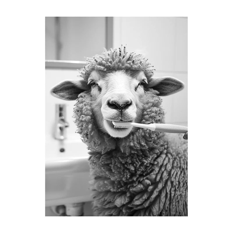 Black White Funny Bathroom Brushing Teeth Poster Vintage Style Animal Canvas Painting Print Wall Art Picture for Home Decoration
