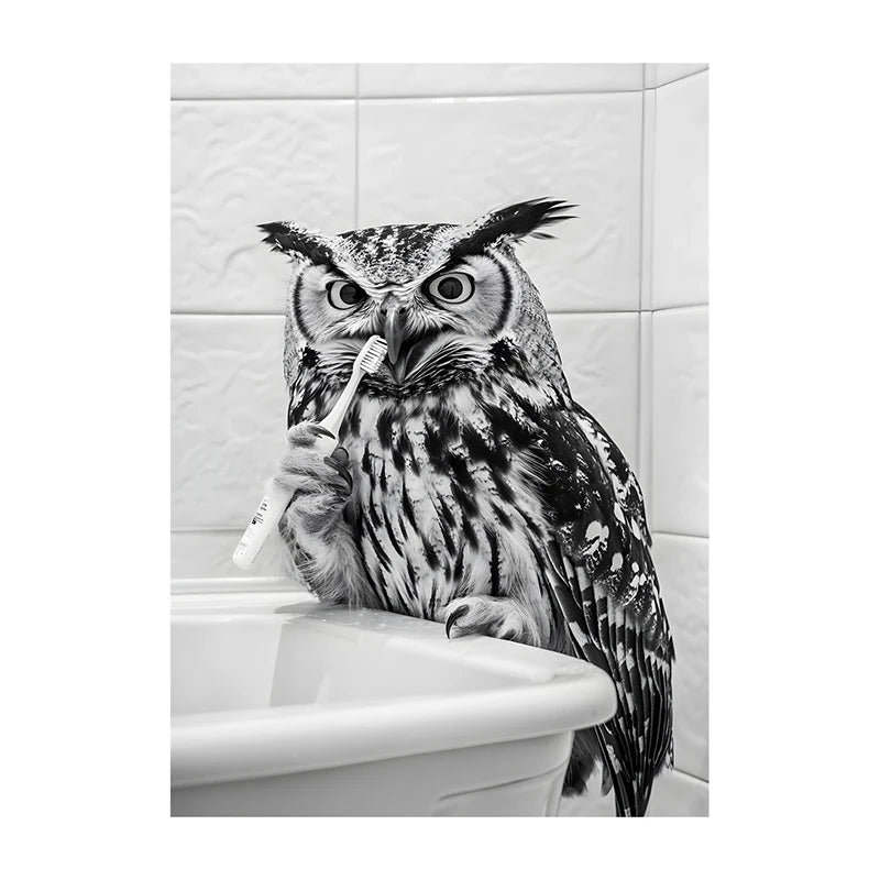 Black White Funny Bathroom Brushing Teeth Poster Vintage Style Animal Canvas Painting Print Wall Art Picture for Home Decoration