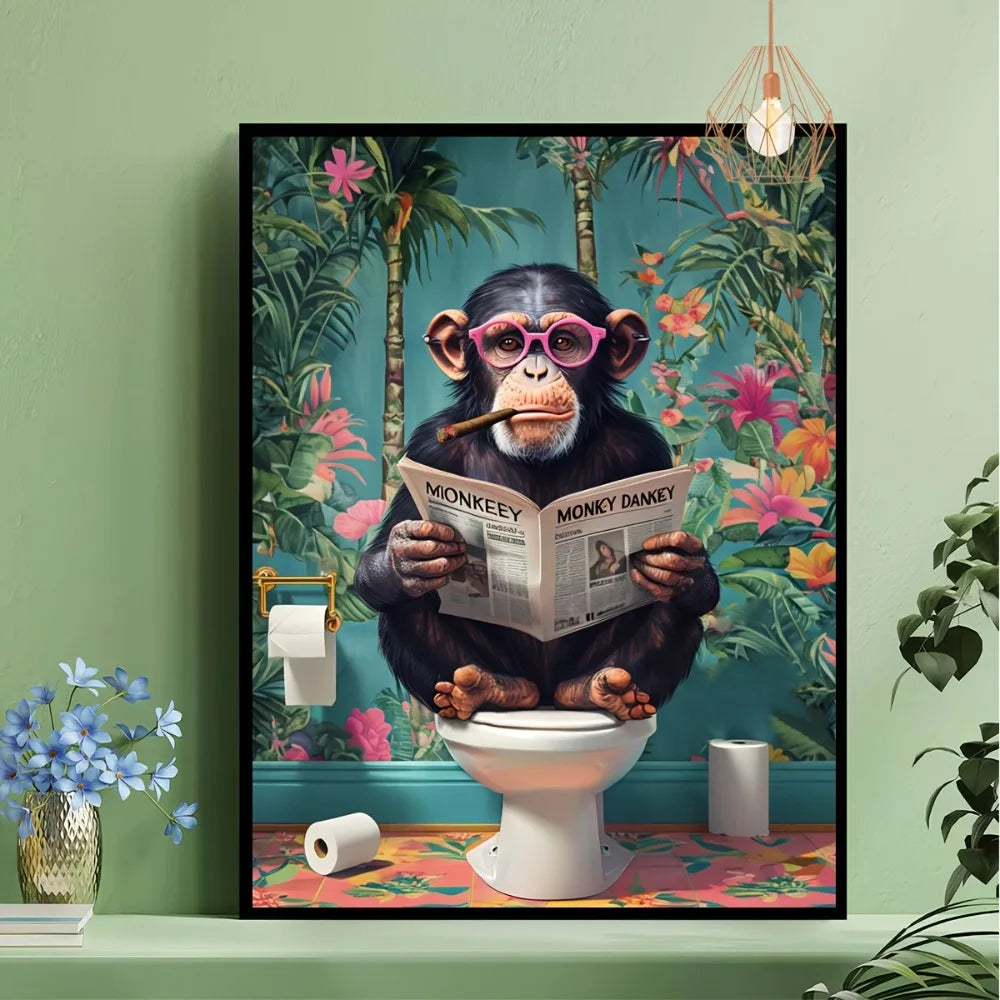 A Frameless Funny Gorilla Reading A Newspaper on The Toilet Canvas Painting for The Art Decoration of The Toilet Bathroom Wall