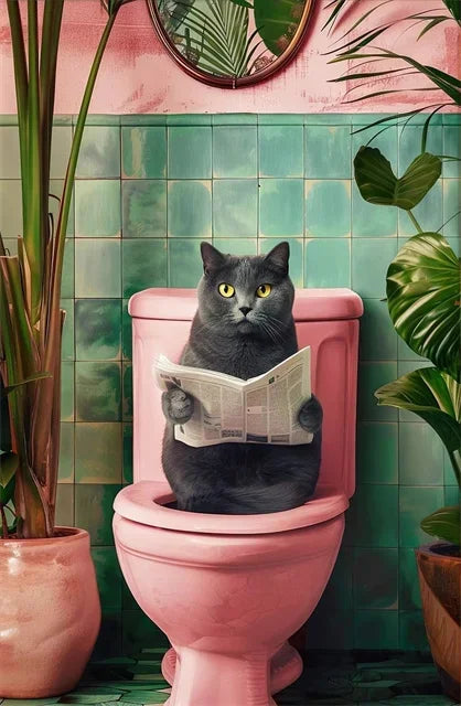 Funny Cat on Toilet Wall Art Cat Reading Newspaper Canvas Posters Print Picture for Home Bathroom Living Room Decor No Frame