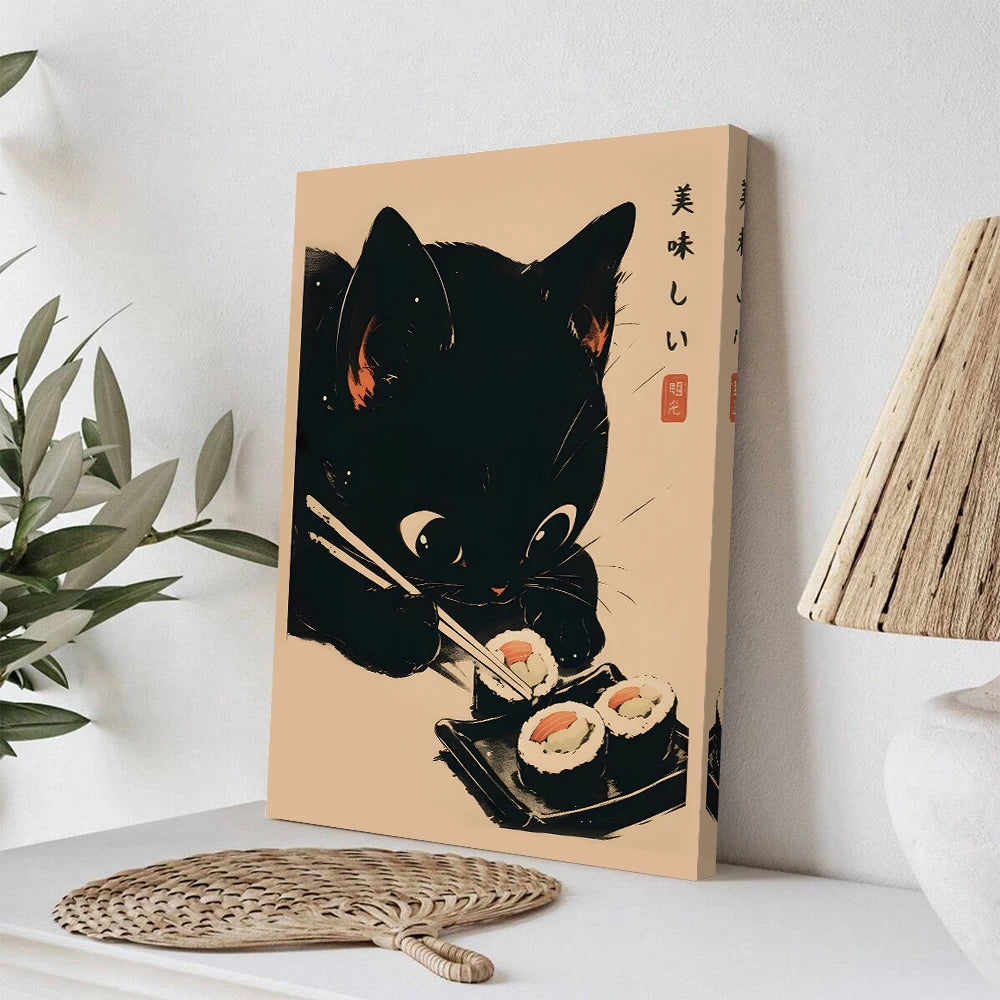 Cute Animal Japanese Sushi Chef Black Cat Vintage Wall Art, HD Canvas Print Poster, Home, Living Room, Room Decoration