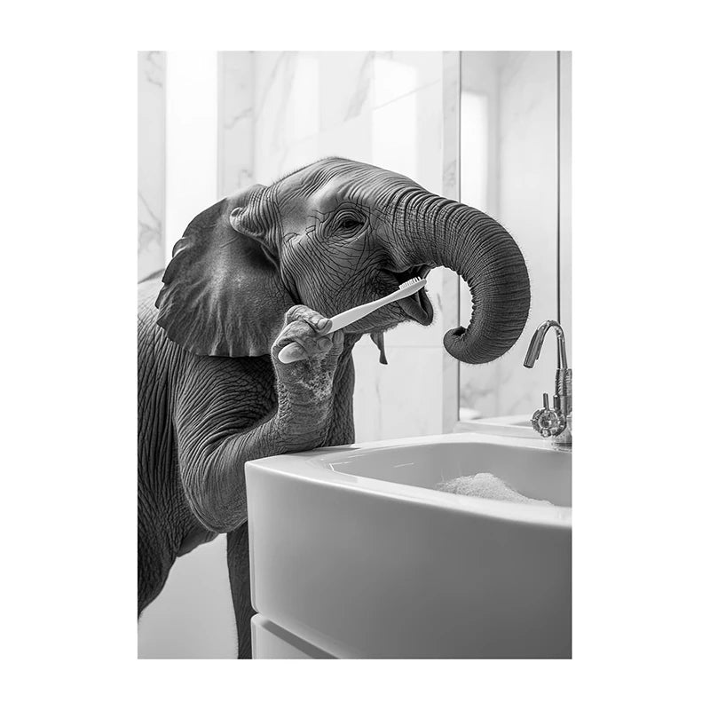 Black White Funny Bathroom Brushing Teeth Poster Vintage Style Animal Canvas Painting Print Wall Art Picture for Home Decoration