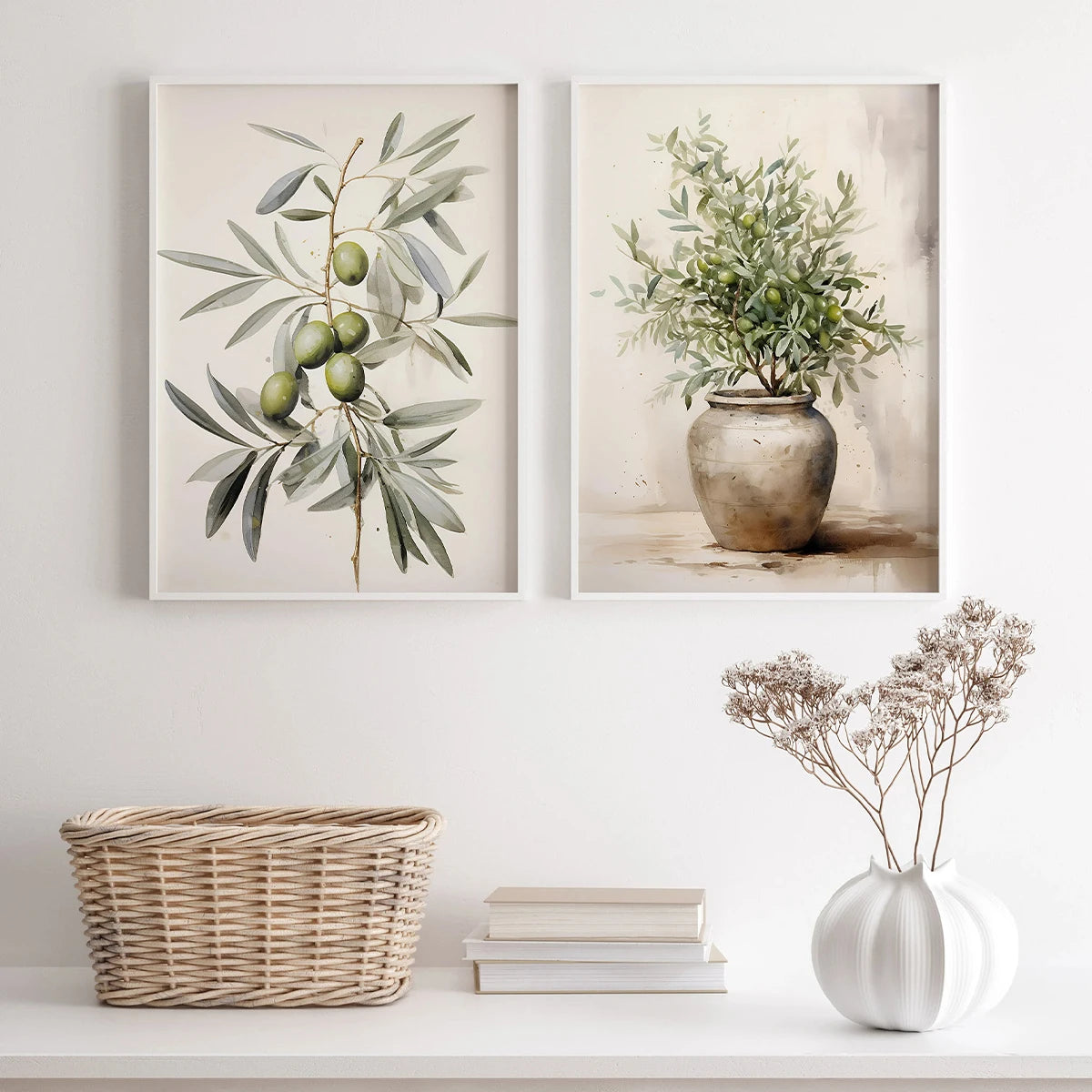 2pcs/set Vintage Watercolor Olive Branch Print Poster Antique Boho Botanical Canvas Painting Spring Home Decor Poster-unframed