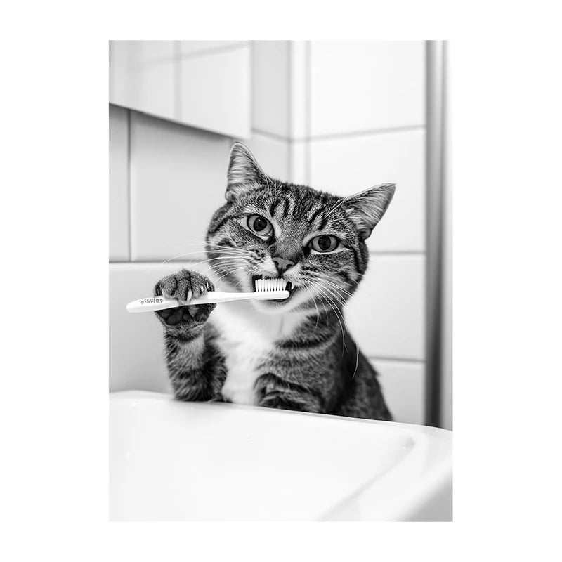 Black White Funny Bathroom Brushing Teeth Poster Vintage Style Animal Canvas Painting Print Wall Art Picture for Home Decoration