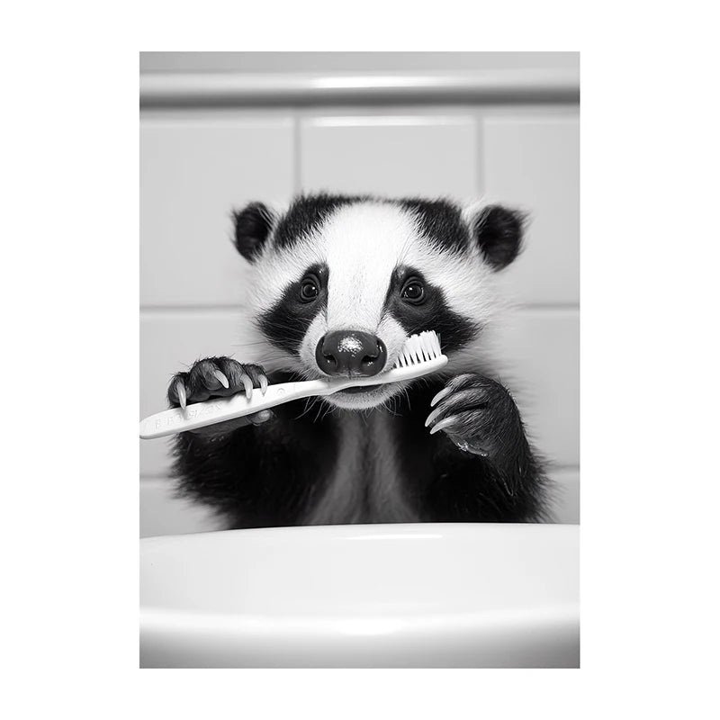 Black White Funny Bathroom Brushing Teeth Poster Vintage Style Animal Canvas Painting Print Wall Art Picture for Home Decoration