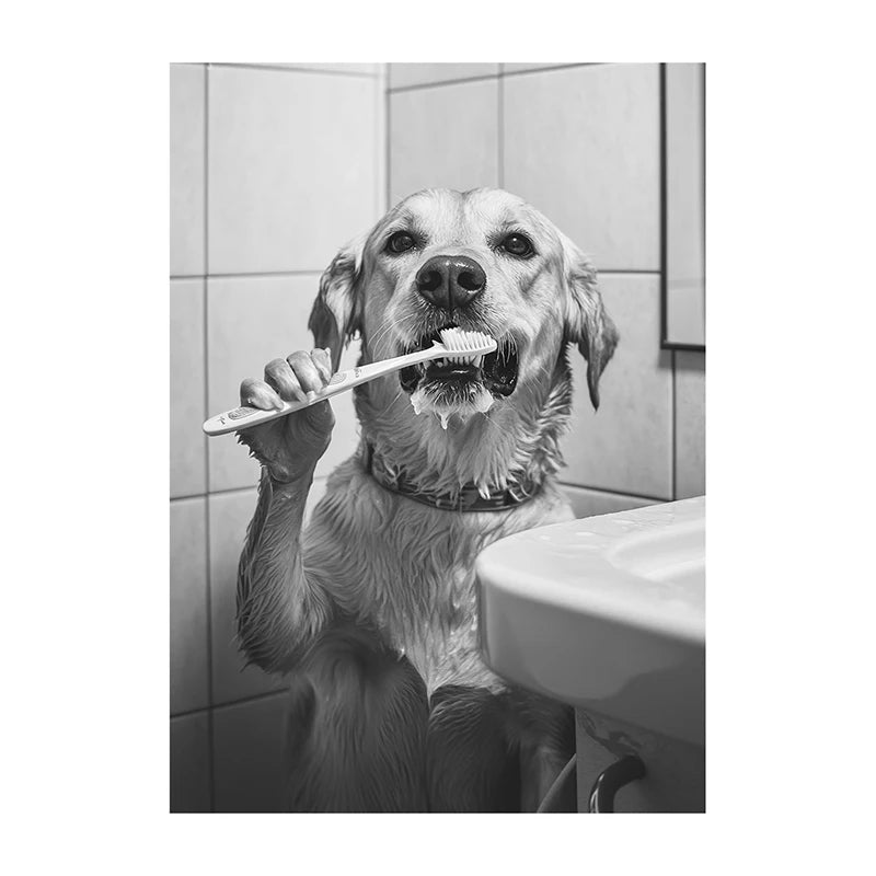 Black White Funny Bathroom Brushing Teeth Poster Vintage Style Animal Canvas Painting Print Wall Art Picture for Home Decoration