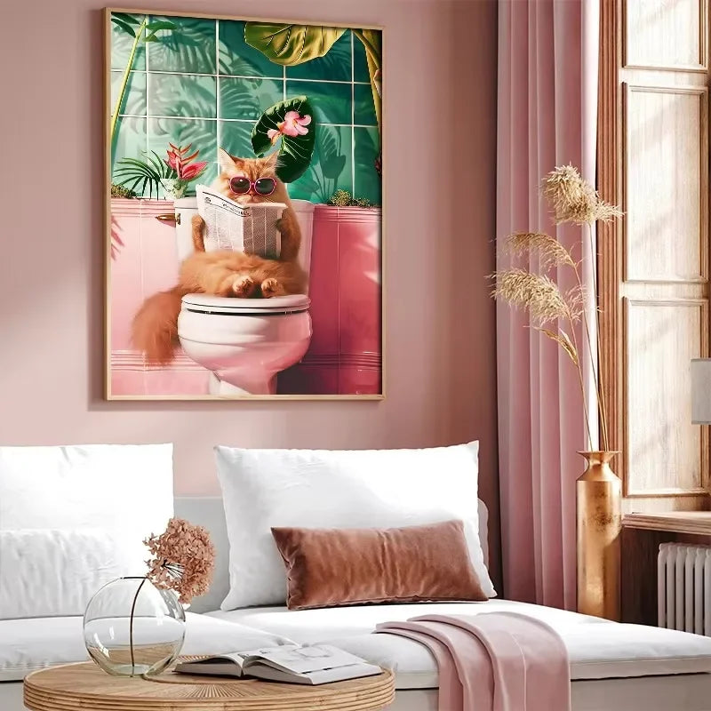 Funny Cat on Toilet Wall Art Cat Reading Newspaper Canvas Posters Print Picture for Home Bathroom Living Room Decor No Frame