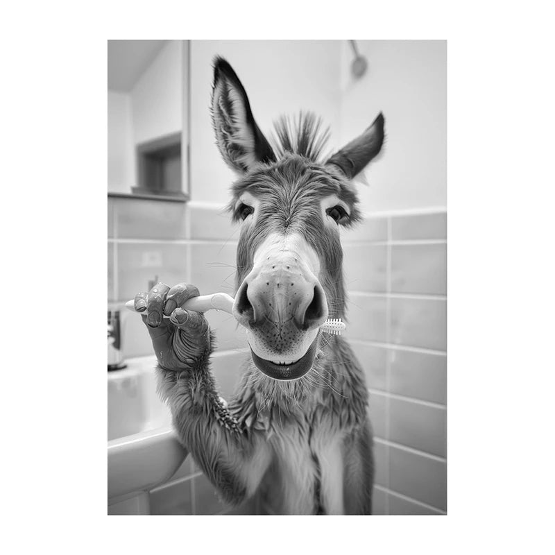 Black White Funny Bathroom Brushing Teeth Poster Vintage Style Animal Canvas Painting Print Wall Art Picture for Home Decoration