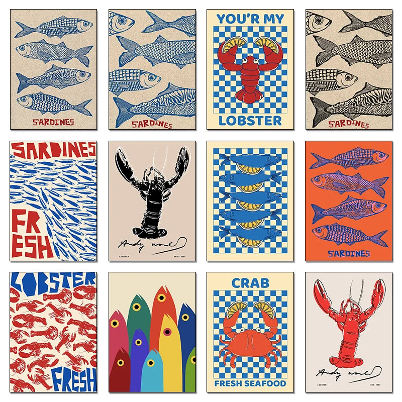 Colorful Sardine Lobster Crab Fish Ocean Animal Poster Canvas Painting Vintage Wall Art For Kitchen Living Room Home Decoration