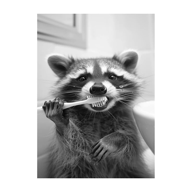Black White Funny Bathroom Brushing Teeth Poster Vintage Style Animal Canvas Painting Print Wall Art Picture for Home Decoration