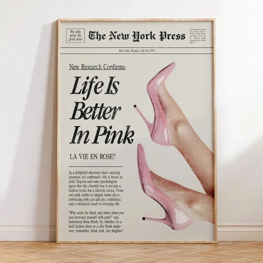 1PC Frameless Life is Better in Pink Poster Canvas Painting Vintage Aesthetic Wall Art for Living Room Home Office Bedroom Decor