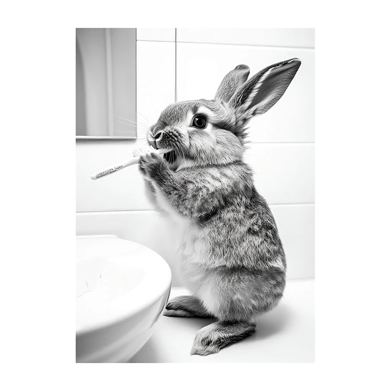 Black White Funny Bathroom Brushing Teeth Poster Vintage Style Animal Canvas Painting Print Wall Art Picture for Home Decoration