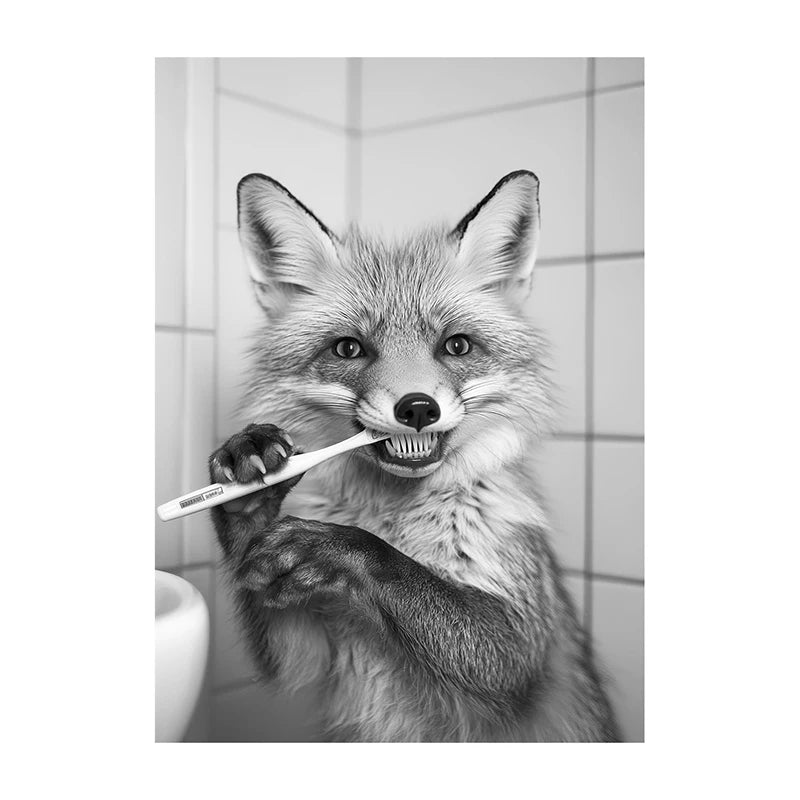 Black White Funny Bathroom Brushing Teeth Poster Vintage Style Animal Canvas Painting Print Wall Art Picture for Home Decoration