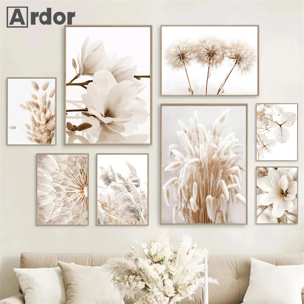Nordic Beige Dandelion Painting Poster Reed Canvas Art Print Flower Posters Bunny Tail Grass Wall Art Picture Living Room Decor