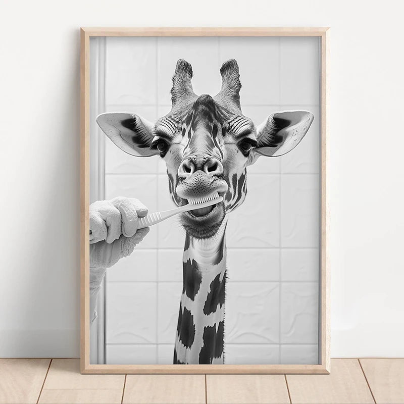Black White Funny Bathroom Brushing Teeth Poster Vintage Style Animal Canvas Painting Print Wall Art Picture for Home Decoration
