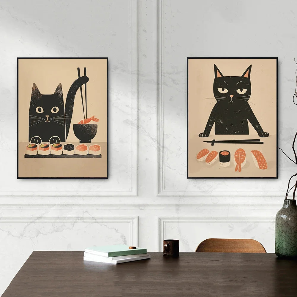 Cute Animal Japanese Sushi Chef Black Cat Vintage Wall Art, HD Canvas Print Poster, Home, Living Room, Room Decoration