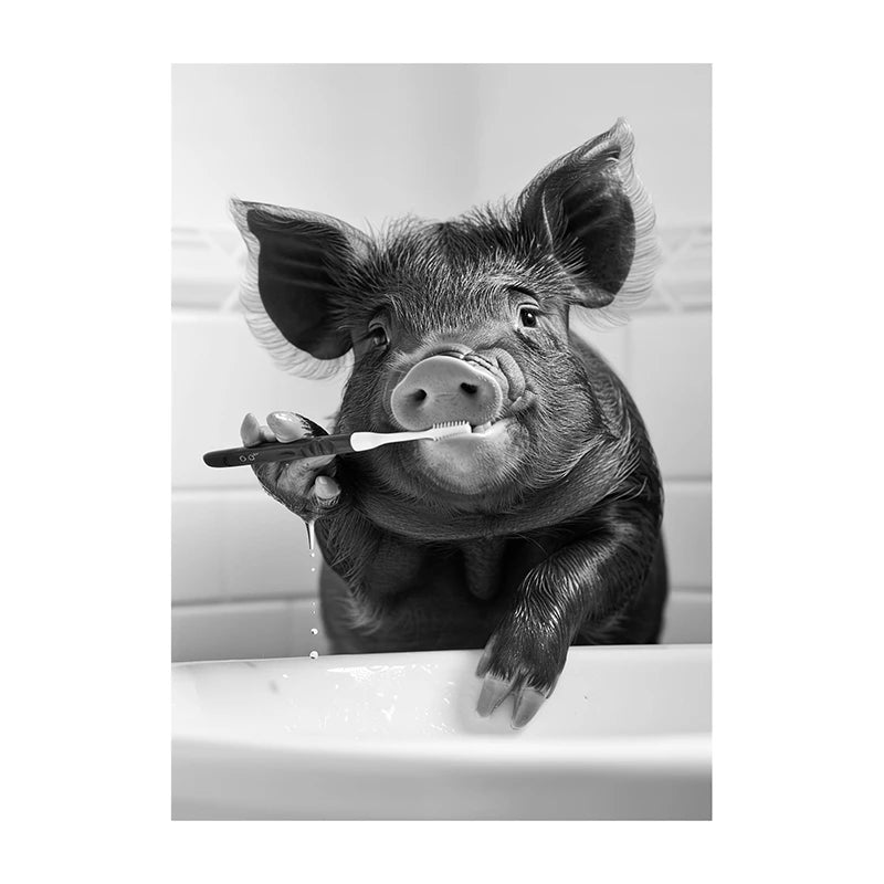 Black White Funny Bathroom Brushing Teeth Poster Vintage Style Animal Canvas Painting Print Wall Art Picture for Home Decoration