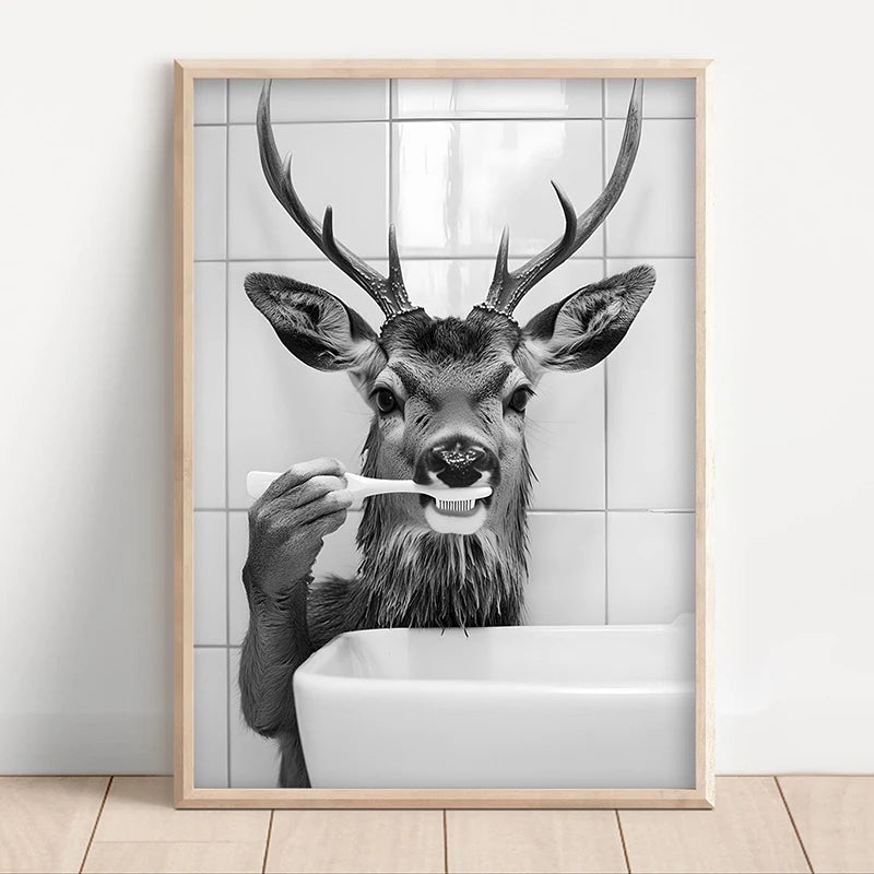 Black White Funny Bathroom Brushing Teeth Poster Vintage Style Animal Canvas Painting Print Wall Art Picture for Home Decoration