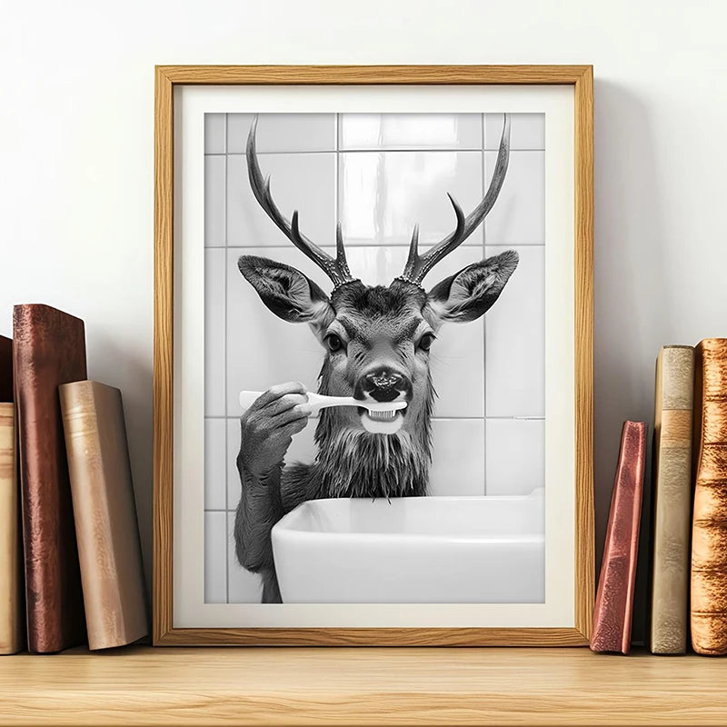 Black White Funny Bathroom Brushing Teeth Poster Vintage Style Animal Canvas Painting Print Wall Art Picture for Home Decoration