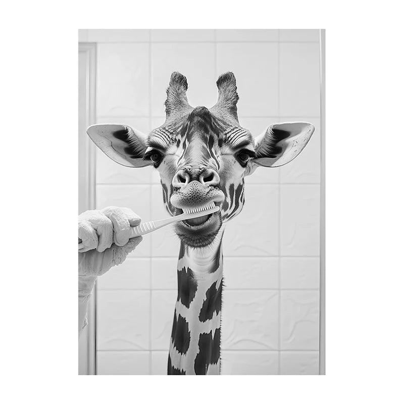Black White Funny Bathroom Brushing Teeth Poster Vintage Style Animal Canvas Painting Print Wall Art Picture for Home Decoration