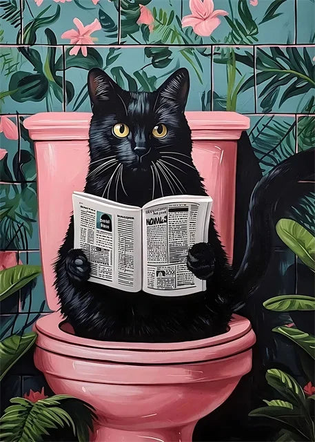 Funny Cat on Toilet Wall Art Cat Reading Newspaper Canvas Posters Print Picture for Home Bathroom Living Room Decor No Frame
