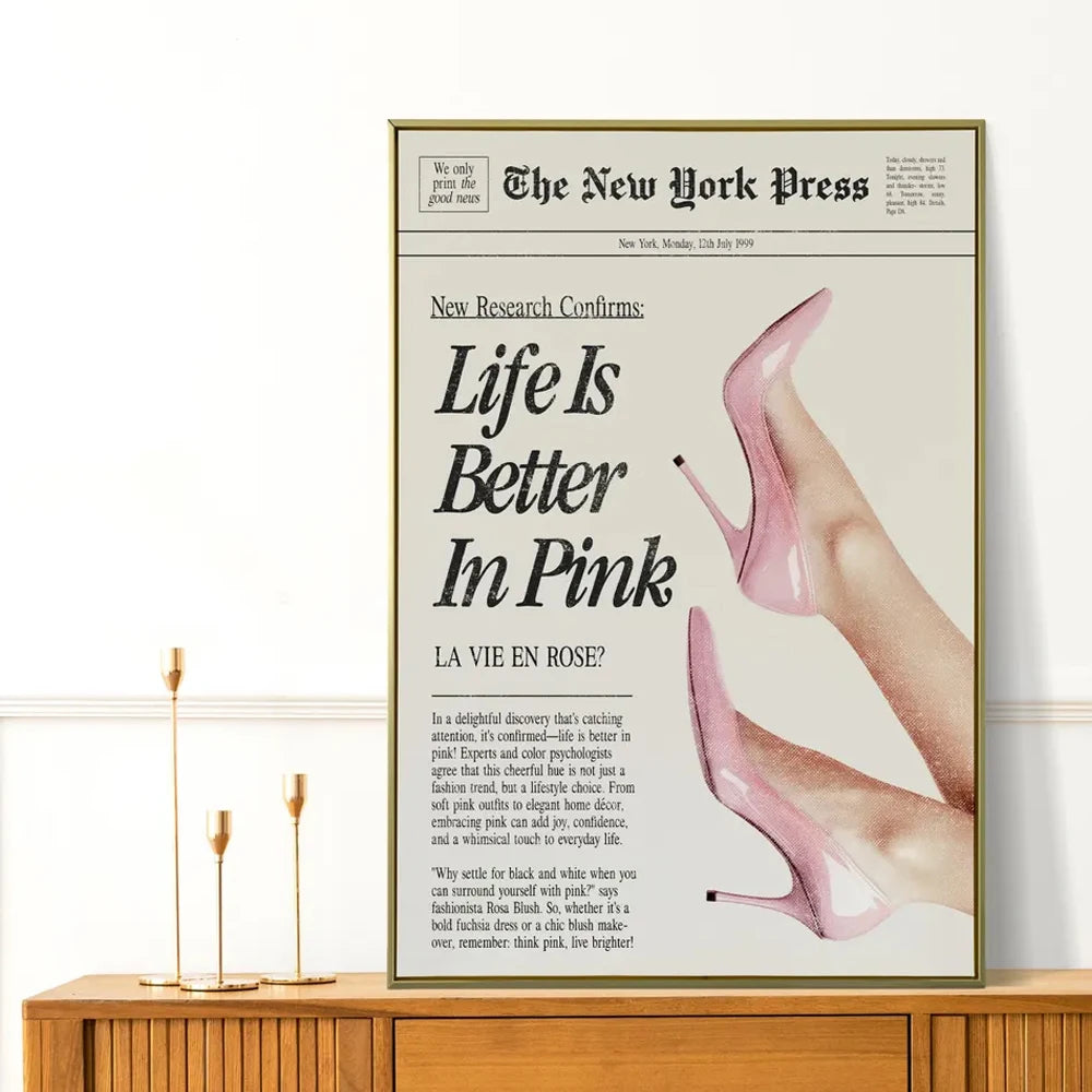 1PC Frameless Life is Better in Pink Poster Canvas Painting Vintage Aesthetic Wall Art for Living Room Home Office Bedroom Decor