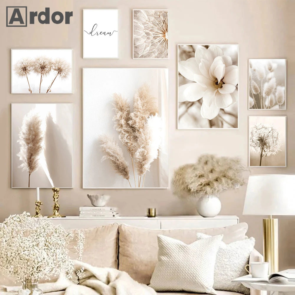 Nordic Beige Dandelion Painting Poster Reed Canvas Art Print Flower Posters Bunny Tail Grass Wall Art Picture Living Room Decor