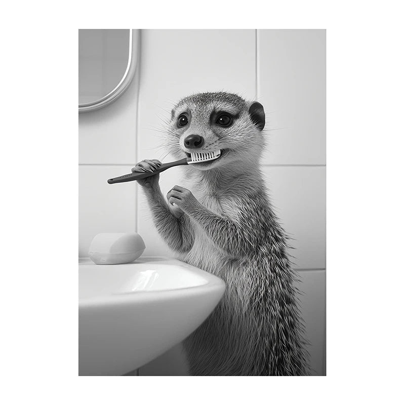 Black White Funny Bathroom Brushing Teeth Poster Vintage Style Animal Canvas Painting Print Wall Art Picture for Home Decoration