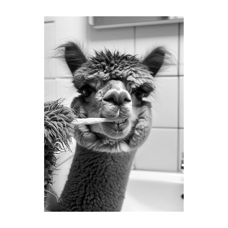 Black White Funny Bathroom Brushing Teeth Poster Vintage Style Animal Canvas Painting Print Wall Art Picture for Home Decoration