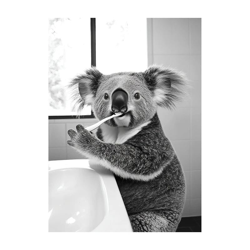 Black White Funny Bathroom Brushing Teeth Poster Vintage Style Animal Canvas Painting Print Wall Art Picture for Home Decoration