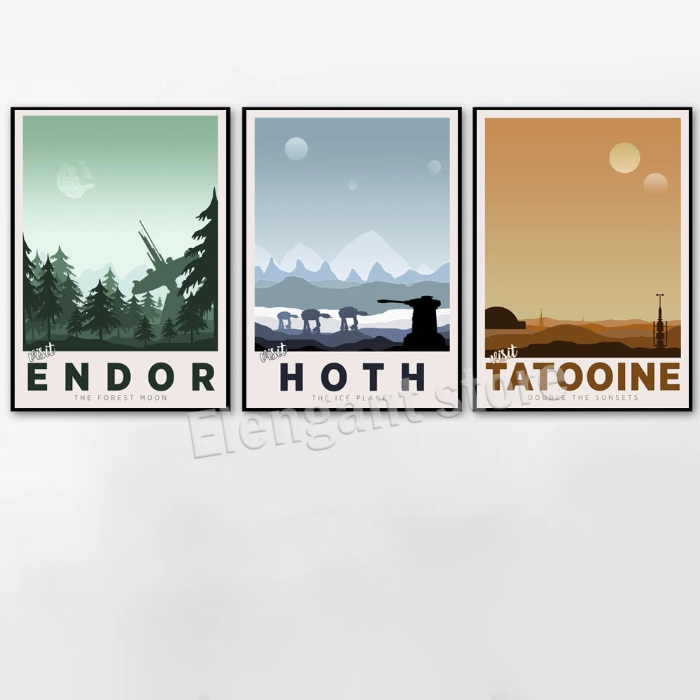 Minimalist Space Wars Art Prints Tatooine Hoth Endor Posters Fans Gift Space Wars Canvas Painting Boys Room Wall Pictures Decor