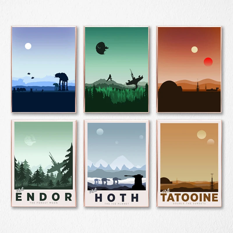 Minimalist Space Wars Art Prints Tatooine Hoth Endor Posters Fans Gift Space Wars Canvas Painting Boys Room Wall Pictures Decor