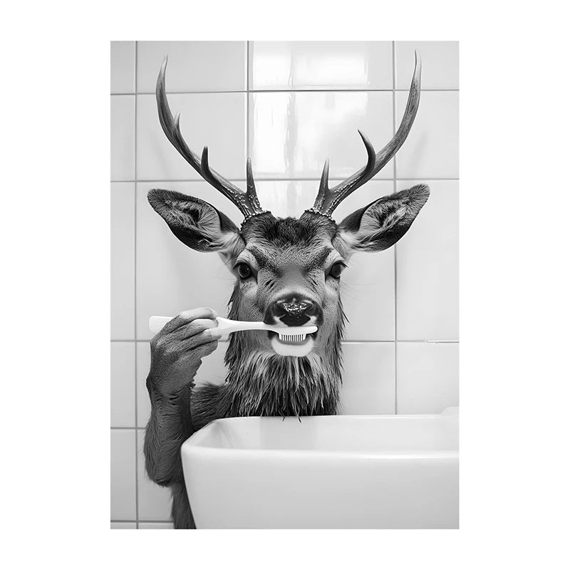 Black White Funny Bathroom Brushing Teeth Poster Vintage Style Animal Canvas Painting Print Wall Art Picture for Home Decoration