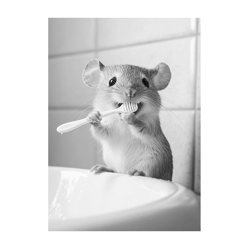 Black White Funny Bathroom Brushing Teeth Poster Vintage Style Animal Canvas Painting Print Wall Art Picture for Home Decoration