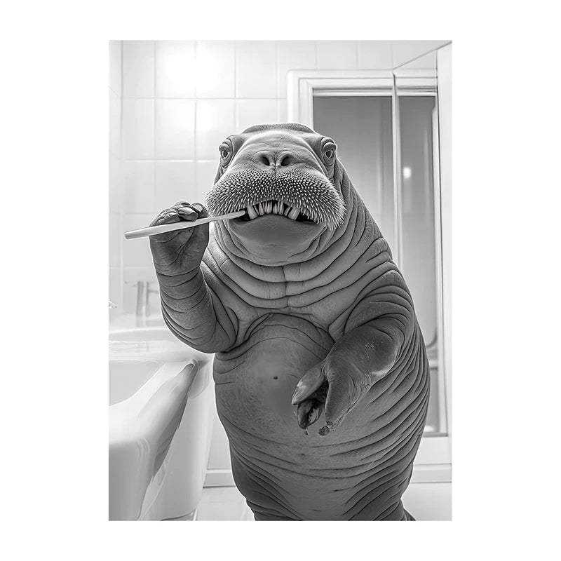 Black White Funny Bathroom Brushing Teeth Poster Vintage Style Animal Canvas Painting Print Wall Art Picture for Home Decoration
