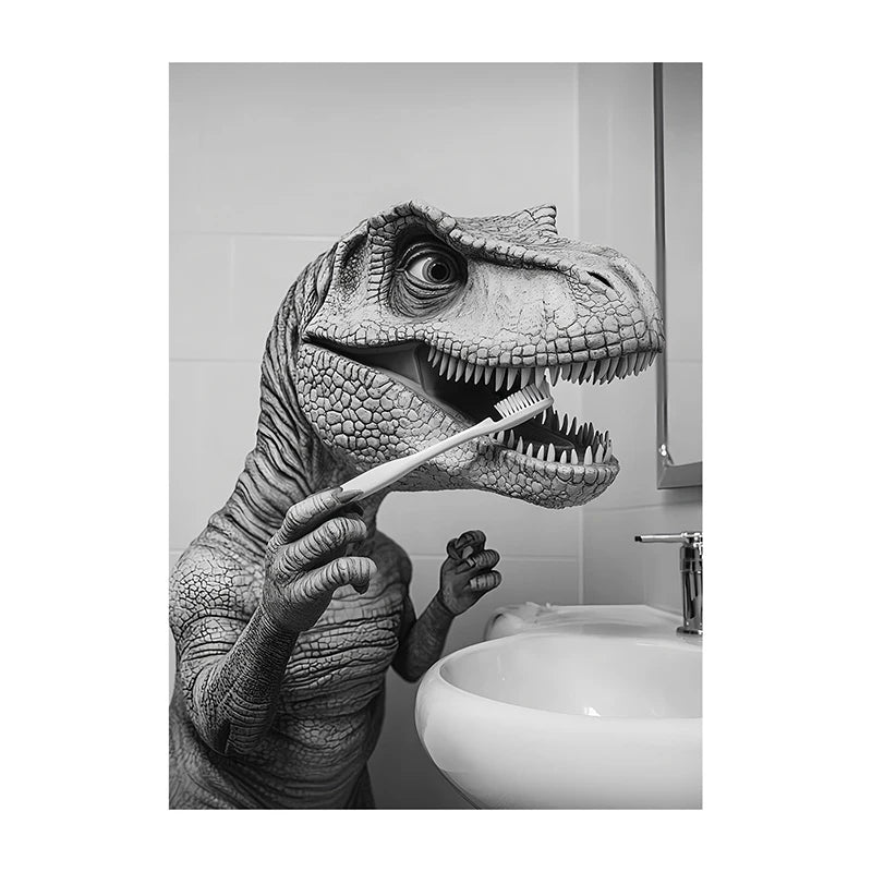 Black White Funny Bathroom Brushing Teeth Poster Vintage Style Animal Canvas Painting Print Wall Art Picture for Home Decoration