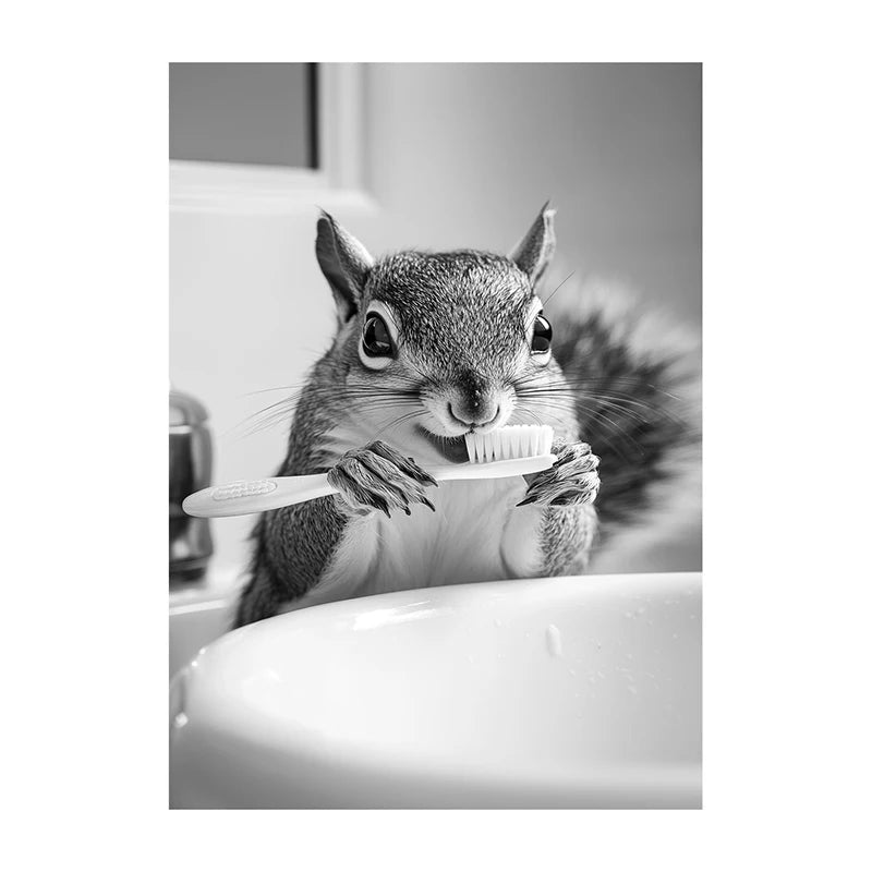 Black White Funny Bathroom Brushing Teeth Poster Vintage Style Animal Canvas Painting Print Wall Art Picture for Home Decoration