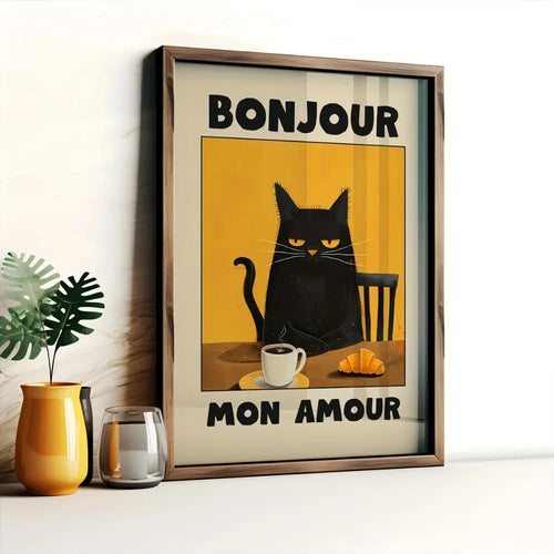 1pc Frameless Black Cat Breakfast Art Poster Retro Style Bonjour Canvas Painting for Dining Room or Bedroom Wall  Art Decoration